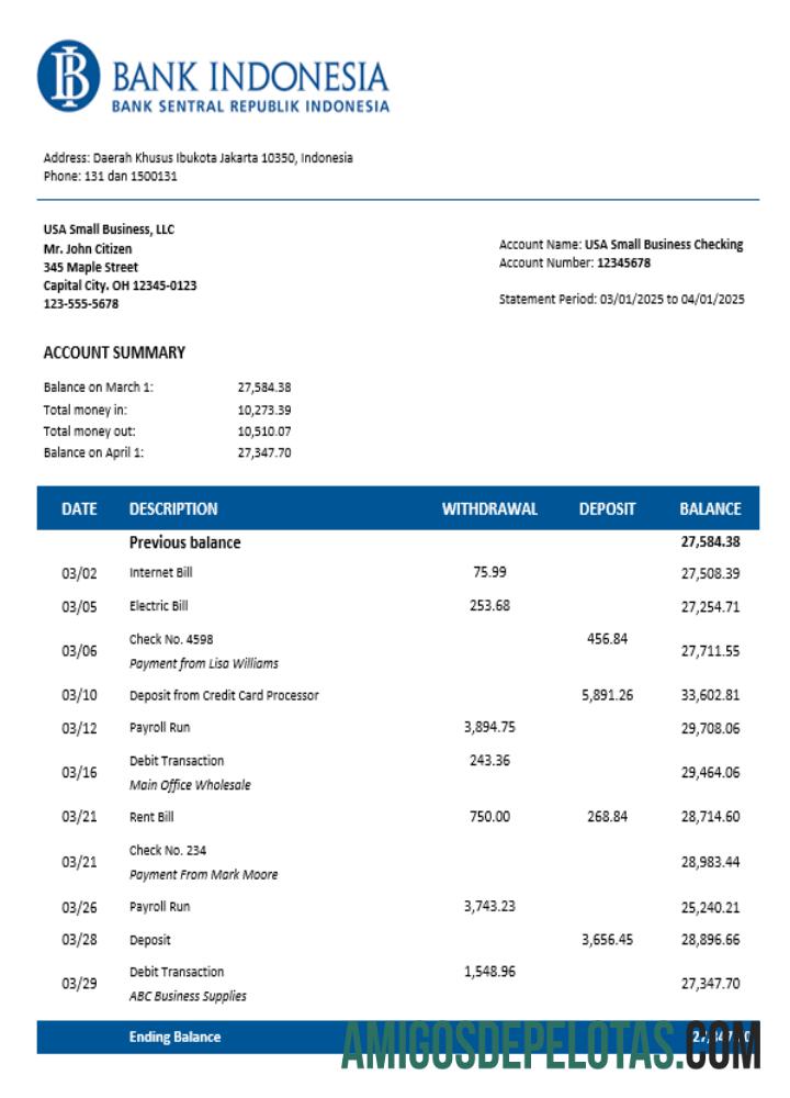 Realista Bank Indonesian Company Extrato de conta corrente modelo Word e PDF